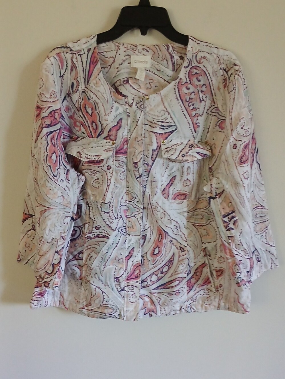 Chico's Linen White Floral Full Zip 3/4 Sleeve Jacket/Blouse